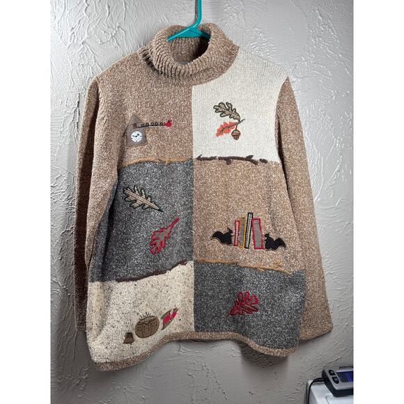 Tanjay Fall Leaves Thanksgiving Knit Pullover Sweater Books Sewing Size Small - Picture 1 of 5